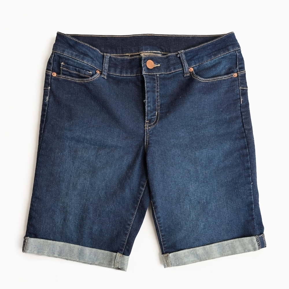 Juicy Couture Dark Wash Denim Bermuda Shorts Cuffed Stretch Size 10